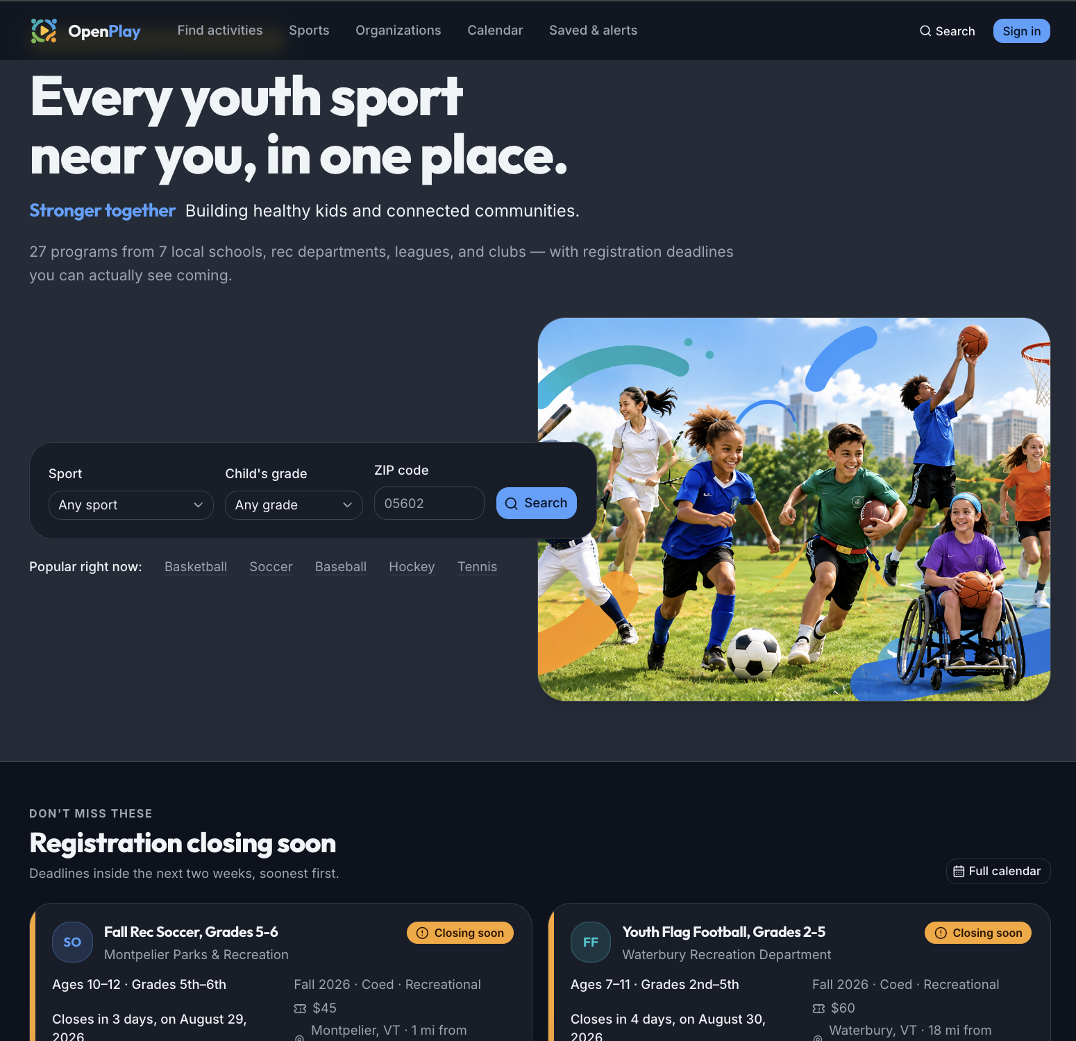 Open Play Sports homepage showing youth sports search by sport, grade, and ZIP code, with programs closing soon